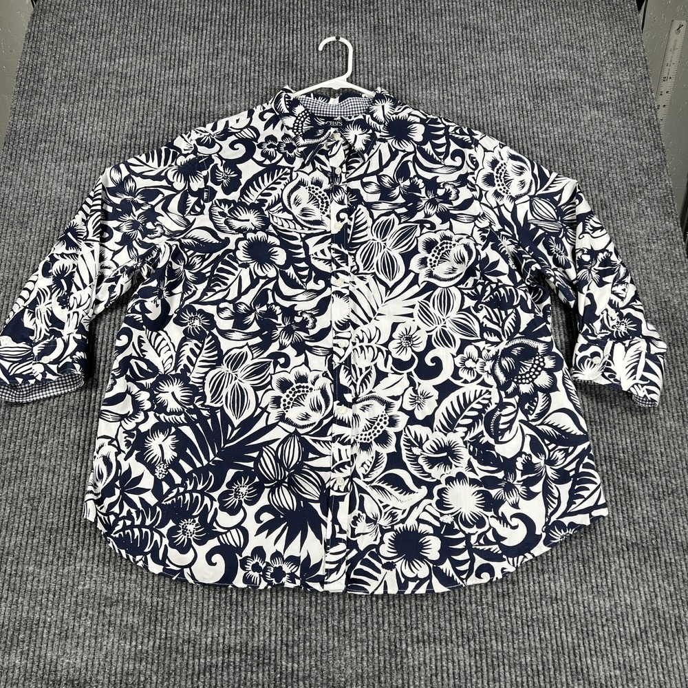 Chaps Shirt Womens 2XL Blue Floral Hawaiian Button Up No Iron Cotton Casual